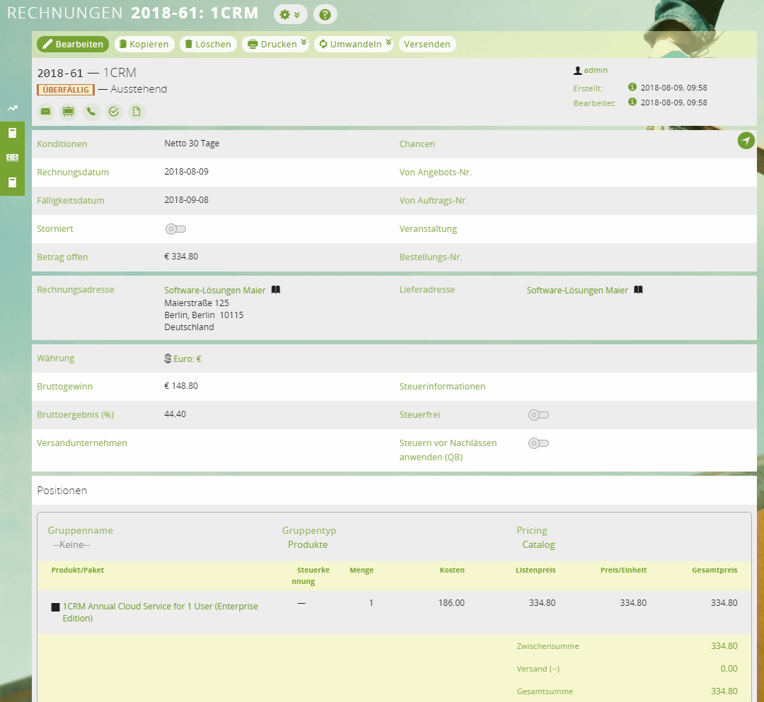 CRM Ansicht einer Rechnung