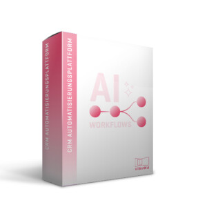 Softwarebox mit Aufschrift „CRM Automatisierungsplattform“ in rosa und weiß. Design zeigt stilisierte Vernetzungsknoten als Symbol für Automatisierung und Künstliche Intelligenz.