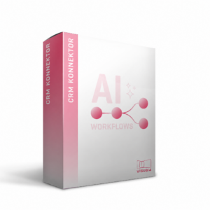 Softwarebox mit Aufschrift „CRM Konnektor“ in rosa und weiß. Design zeigt stilisierte Vernetzungsknoten als Symbol für Automatisierung und Künstliche Intelligenz.