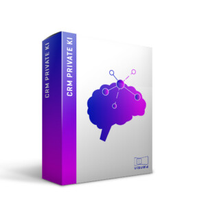 Verpackung für Softwareprodukt mit Fokus auf CRM und Künstliche Intelligenz, dargestellt durch stilisiertes Gehirn mit vernetzten Knotenpunkten in Blau- und Violetttönen. Vorderseite zeigt Produktnamen "CRM PRIVATE KI" und das Logo der Digitalagentur "visual4".