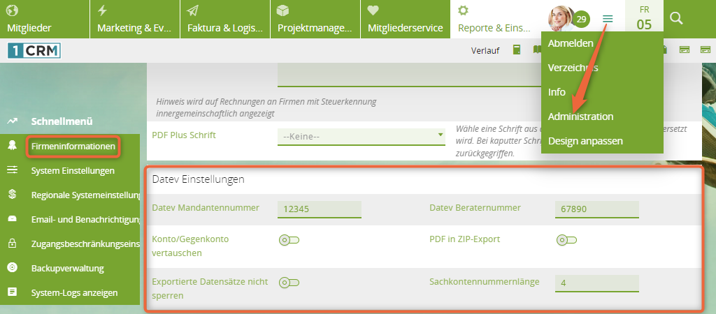 1CRM: Einstellungen für den DATEV-Export