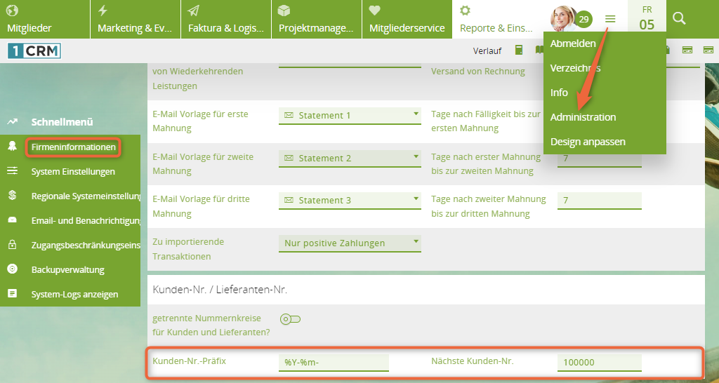 1CRM: Einstellungen zur Sachkontenlänge für DATEV