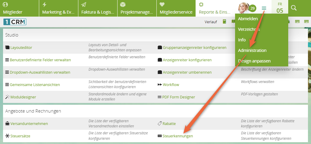 1CRM: Steuerkennungen für DATEV hinterlegen