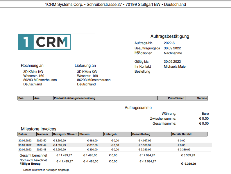 1CRM: Beispiel einer Abrechnungsstatus-PDF