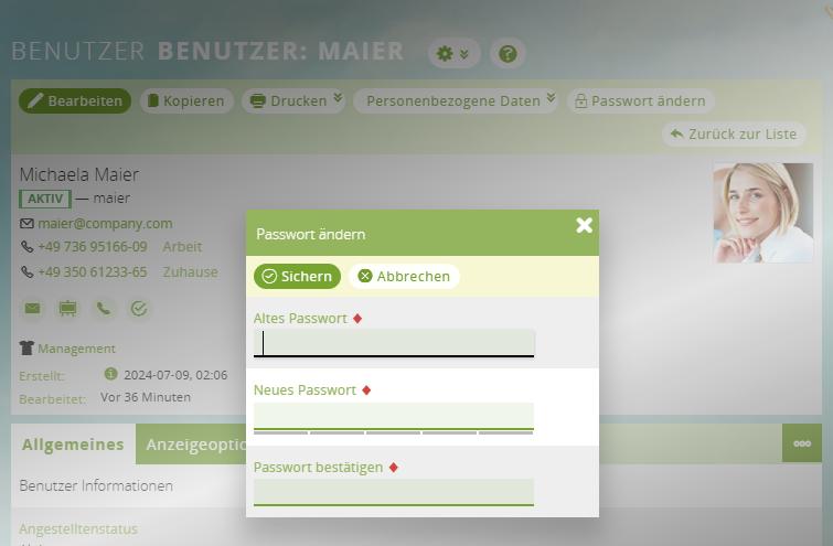 1CRM: Eingabe des neues Passworts
