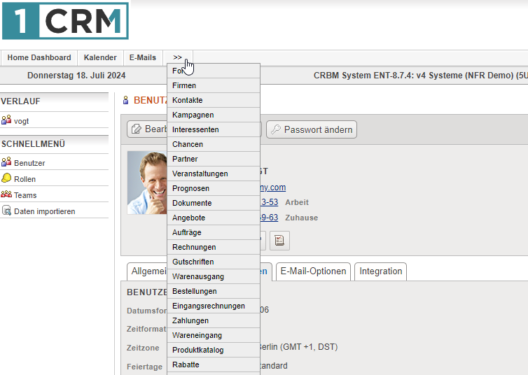 1CRM: Benutzereinstellung Anzeigenreiter