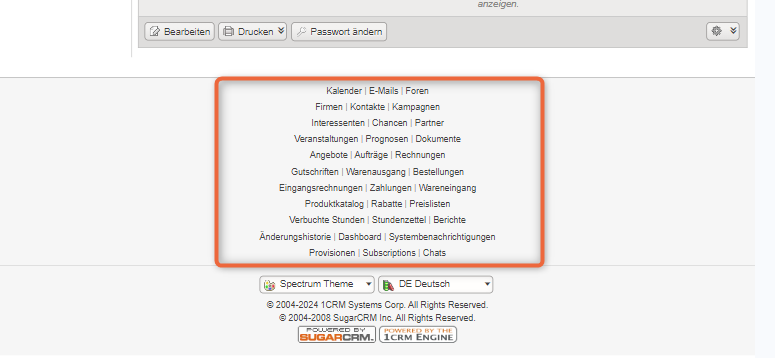 1CRM: Module in Fußleiste