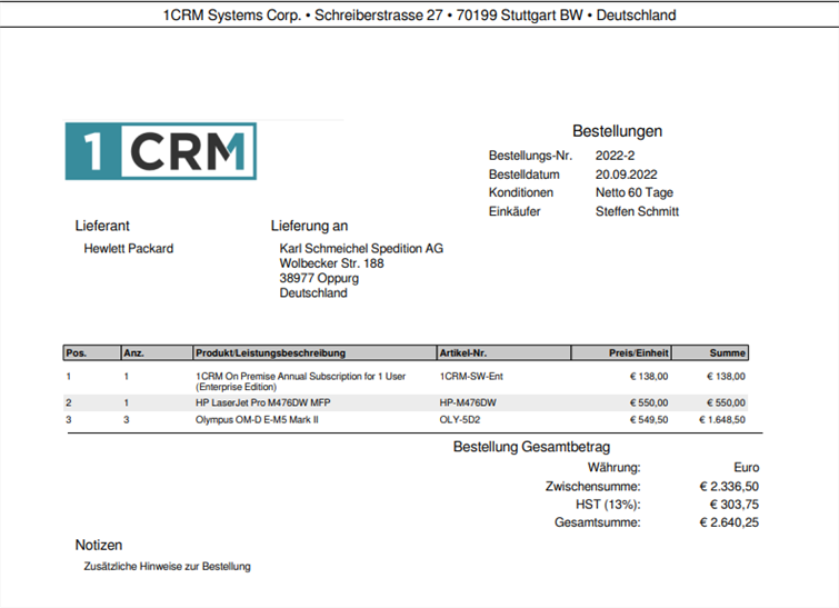 1CRM: PDF einer Bestellung