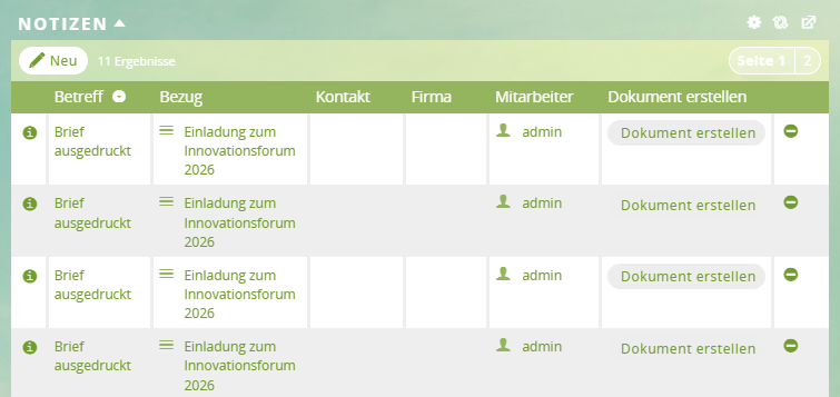 CRM Briefe: Notizen bei einem Brief
