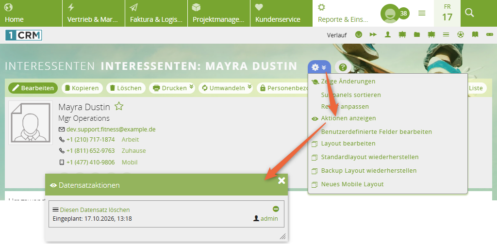1CRM: Löschaktion prüfen