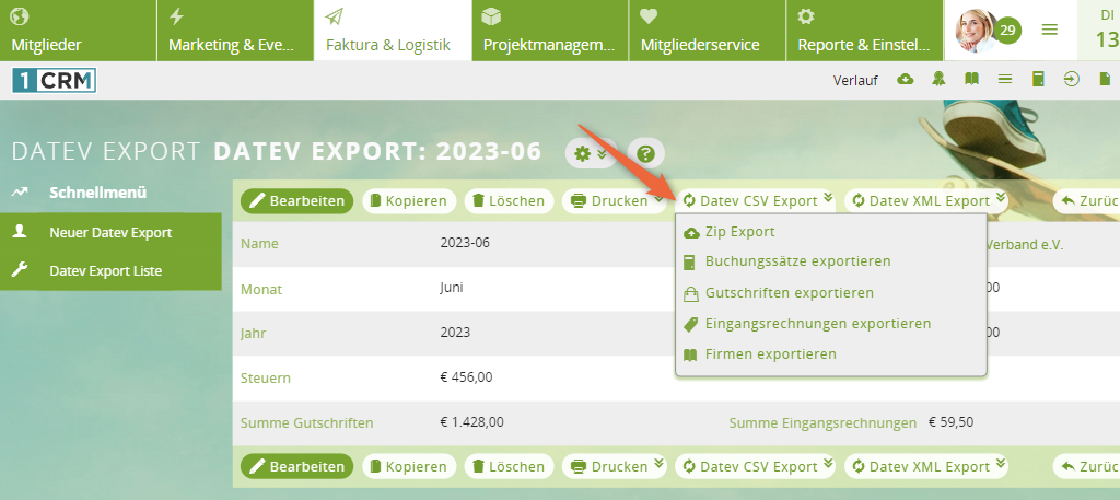 1CRM: CSV-Export für DATEV