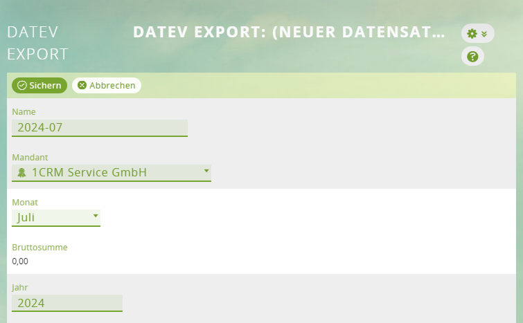 1CRM: DATEV-Export-Maske