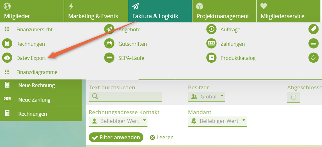 1CRM: DATEV-Funktionen öffnen