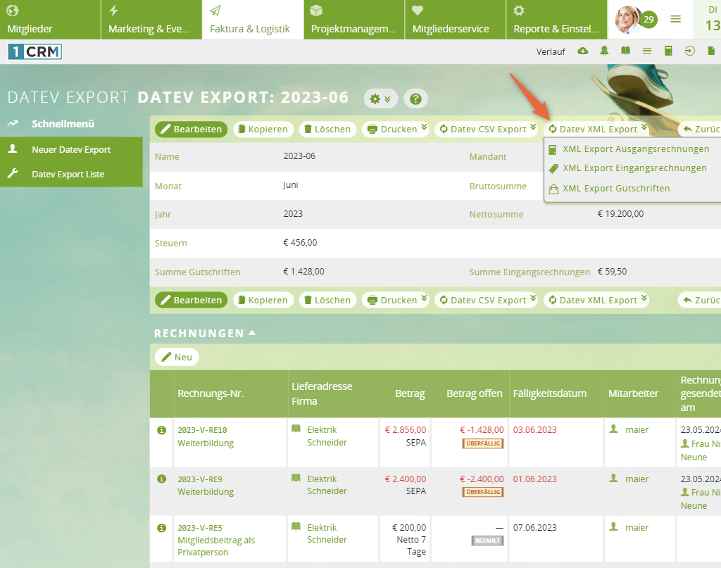 1CRM: XML-Export für DATEV