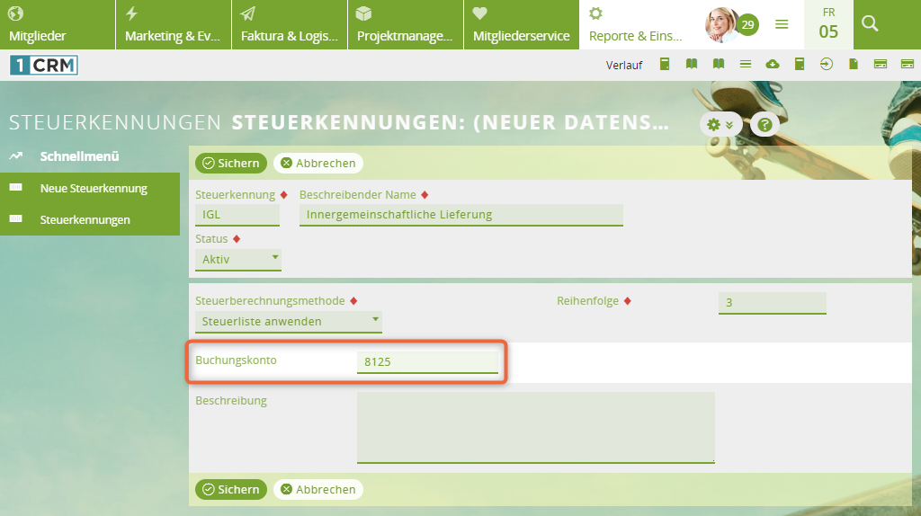 1CRM: Beispiel-Steuerkennung für DATEV