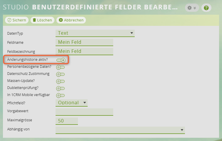 1CRM: Änderungen an benutzerdefinierten Feldern loggen