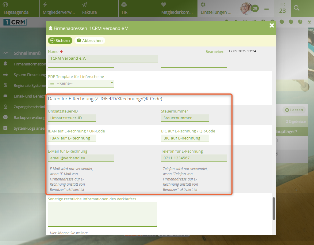 1CRM: Einstellungen für E-Rechnungen