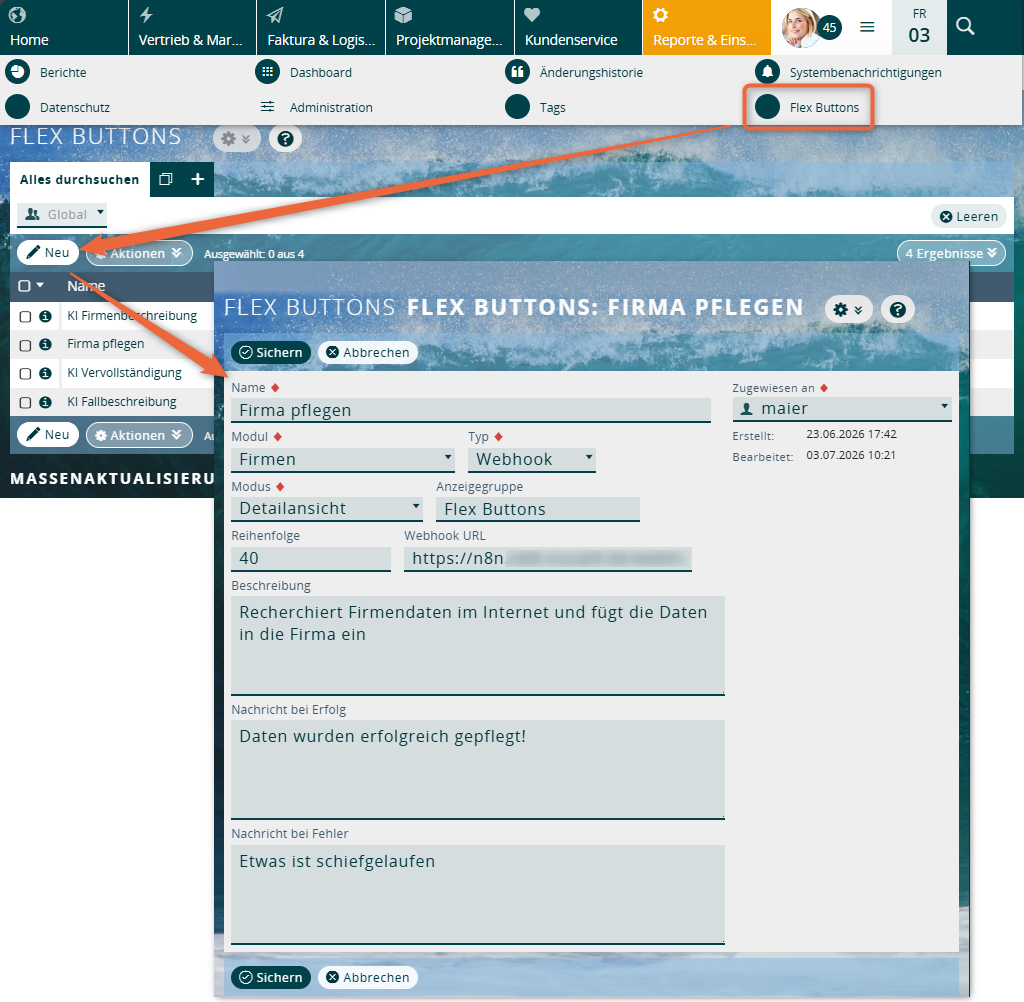 1CRM: Schaltfläche erstellen