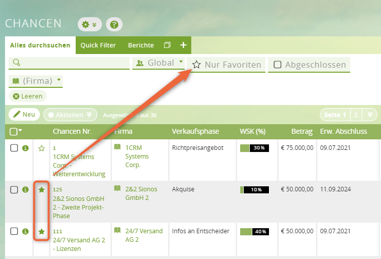 1CRM: Favoriten markieren und filtern