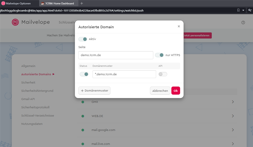 1CRM: Domäne in Mailvelope autorisieren