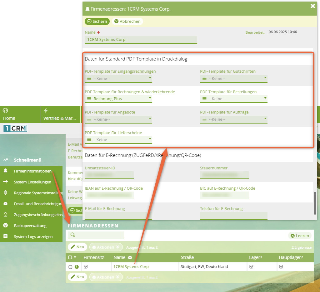 1CRM: Vorlage pro Modul festlegen
