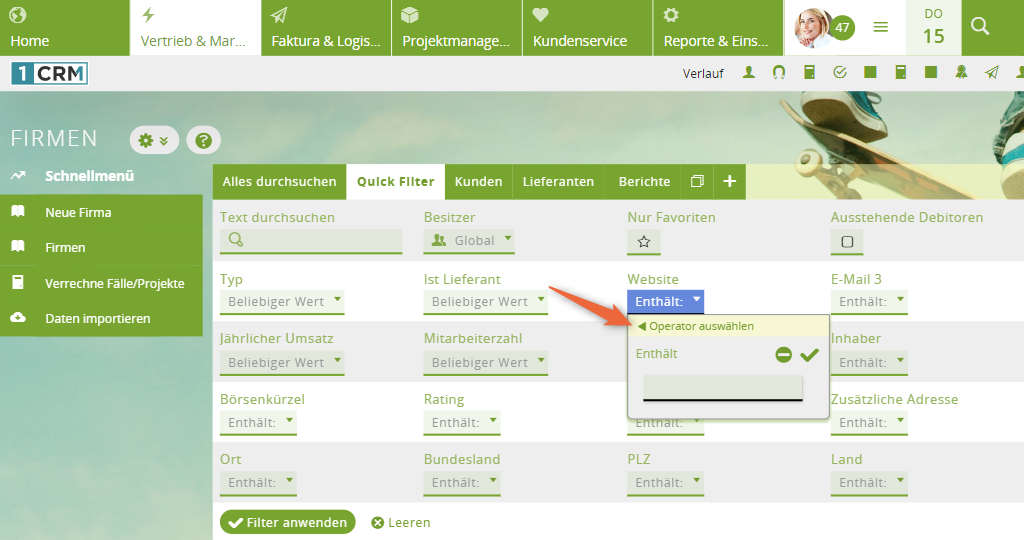 1CRM: Operator im Quick Filter ändern