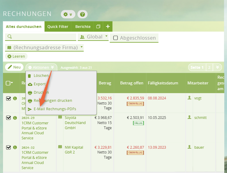 1CRM: Massenversand von Rechnungen