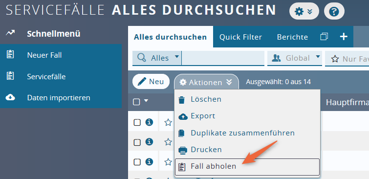 1CRM: Schaltfläche Servicefall abholen