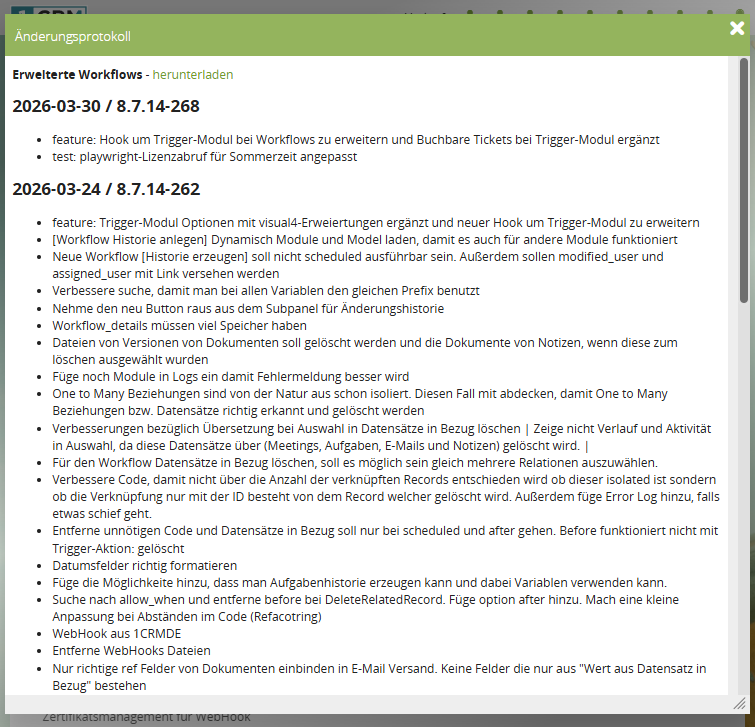 1CRM: Änderungsprotokoll einer Erweiterung