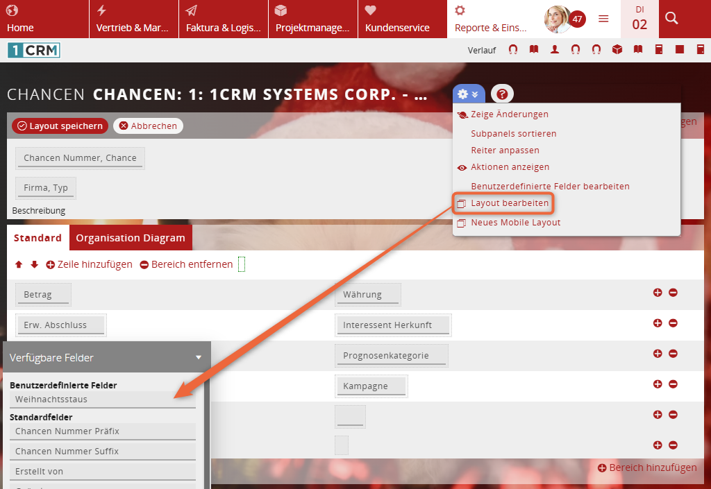 1CRM: Layout der Chancen bearbeiten