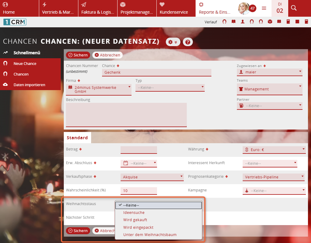 1CRM: Neuer weihnachtlicher Status in der Chance