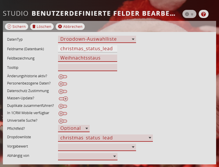 1CRM: Neue weihnachtliche Felder in der Dropdownliste