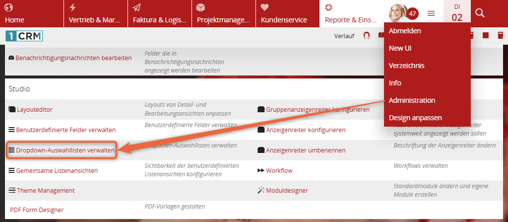 1CRM: Weihnachtsdropdownliste erstellen