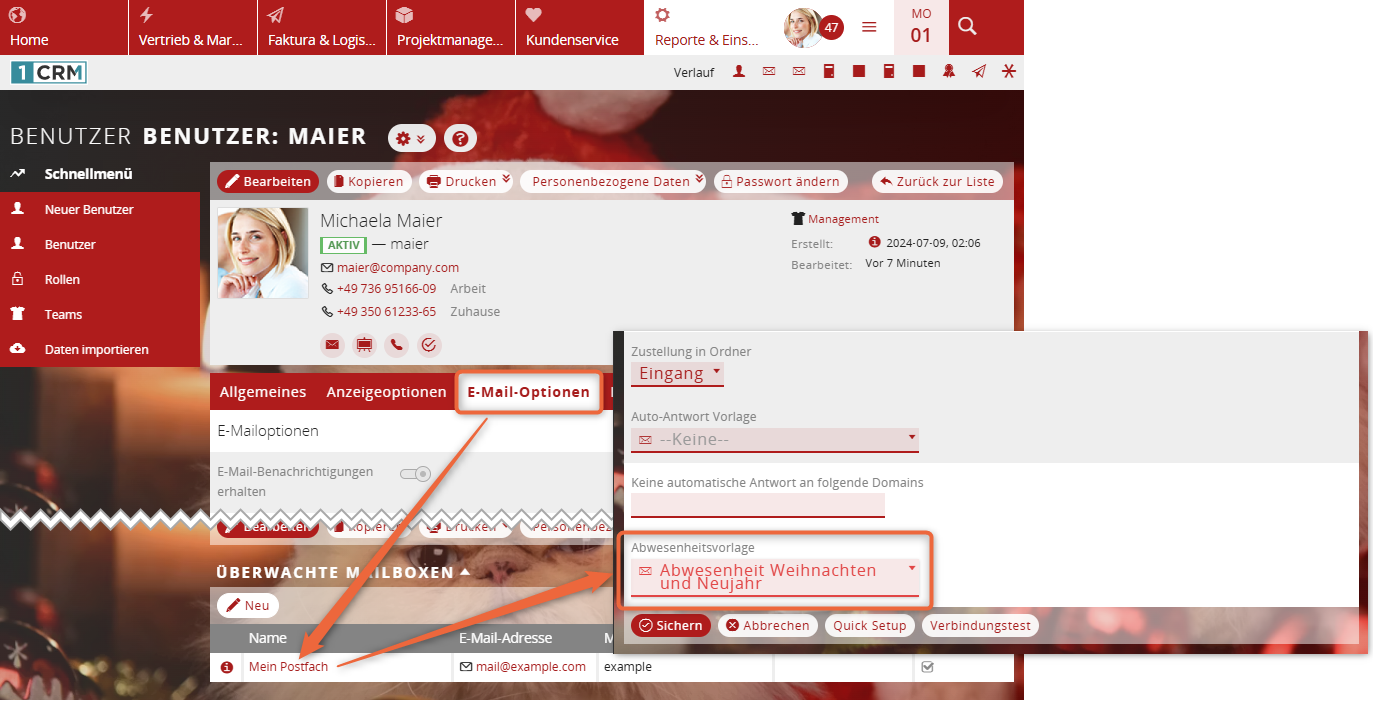 1CRM: Abwesenheitsnachricht im Postfach hinterlegen