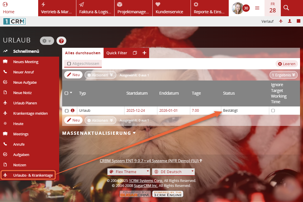 1CRM: Weihnachtsurlaub ist bestätigt