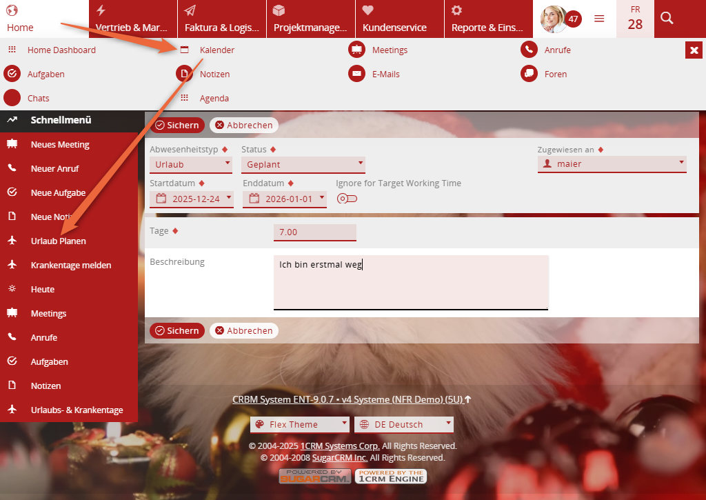 1CRM: Weihnachtsurlaub planen