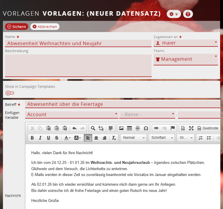 1CRM: Abwesenheitsnachricht zu Weihnachten schreiben