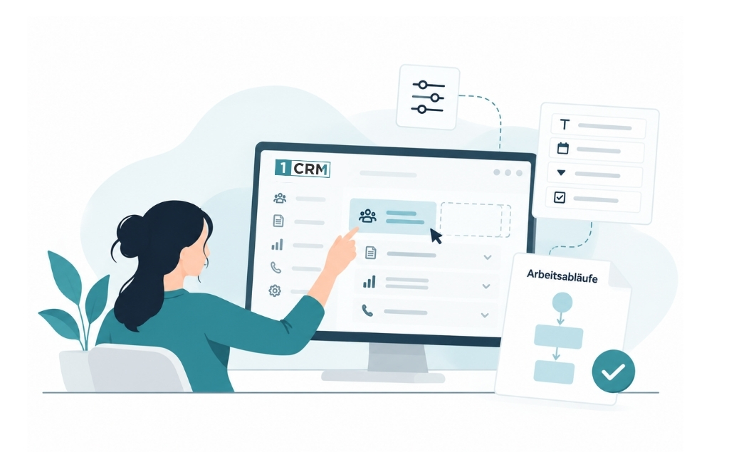 Illustration einer CRM-Software zur Verwaltung von Kundenbeziehungen und Arbeitsabläufen. Eine Person bedient ein Dashboard mit Listen, Symbolen und Auswahlfeldern; Prozessdiagramm sowie grüner Haken stehen für strukturierte Aufgabenverwaltung und erfolgreiche Abläufe.