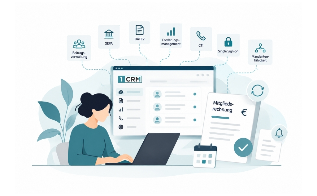 Illustration einer CRM-Plattform zur Verwaltung von Kundenbeziehungen mit dargestellten Funktionen und Schnittstellen wie Beitragsverwaltung, SEPA, DATEV, Forderungsmanagement, CTI, Single-Sign-on und Mandantenverwaltung. Eine Person arbeitet am Laptop, während CRM-Kontakte, Mitgliederrechnung, Kalender und Benachrichtigungssymbol sowie ein grüner Bestätigungshaken zentrale Verwaltungsabläufe veranschaulichen.