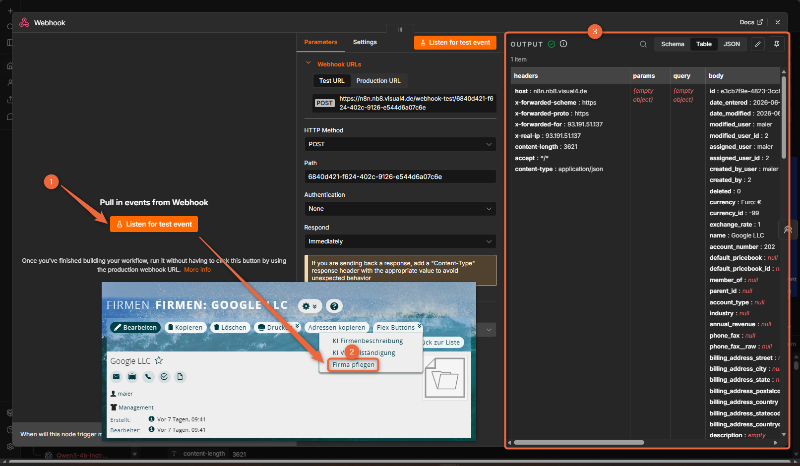 1CRM + n8n: Webhook testen