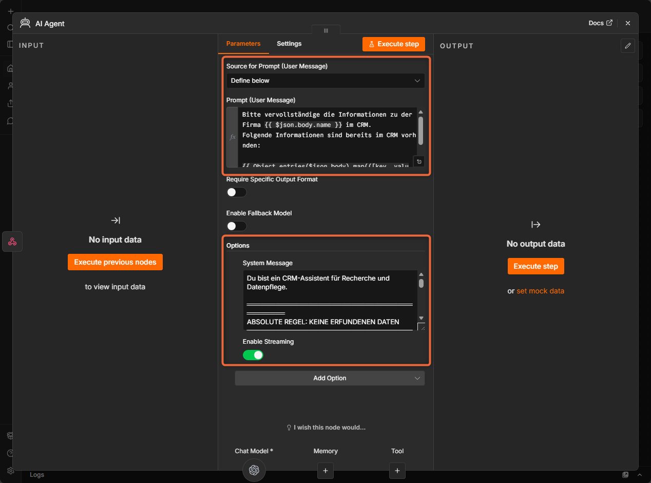 n8n: Einstellungen des AI Agents