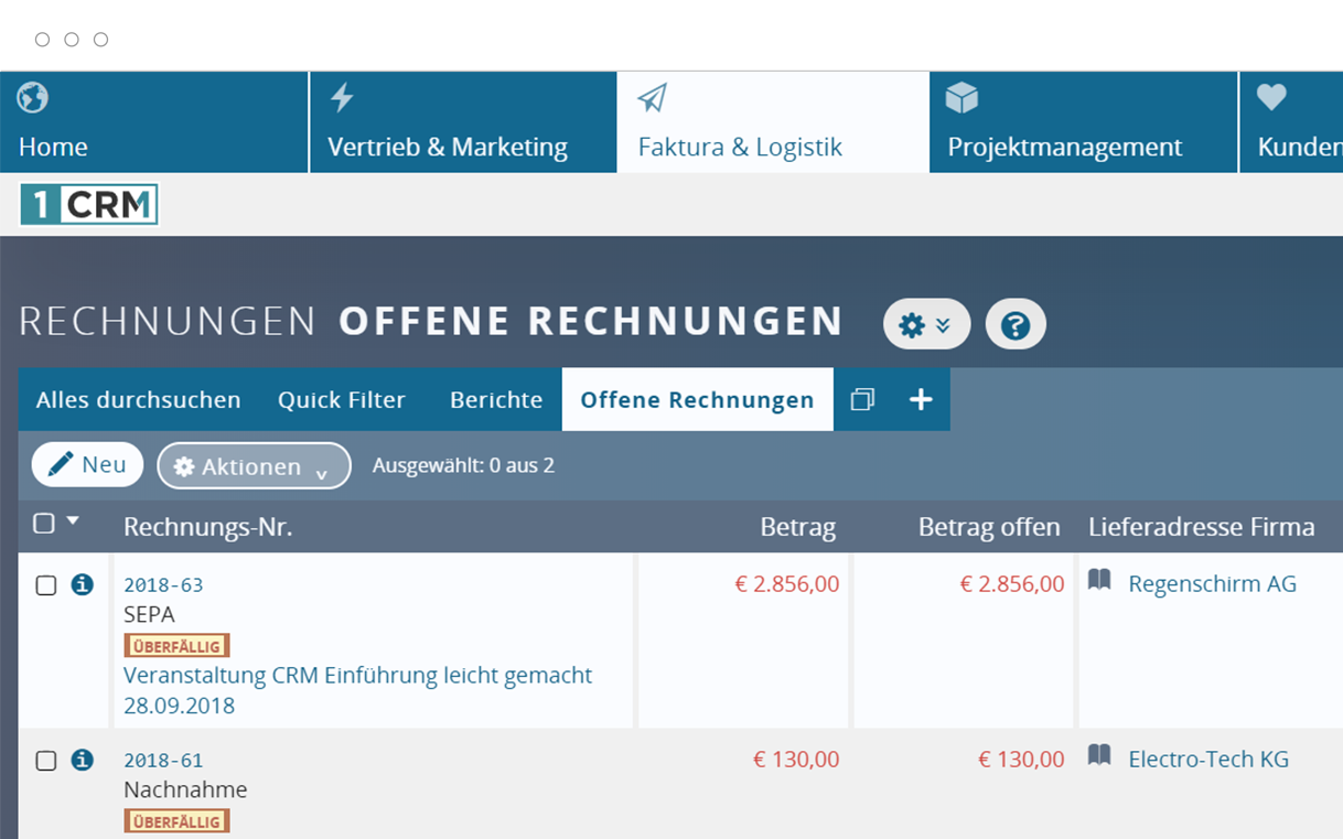 Offene Rechnungen in der Kundenverwaltung