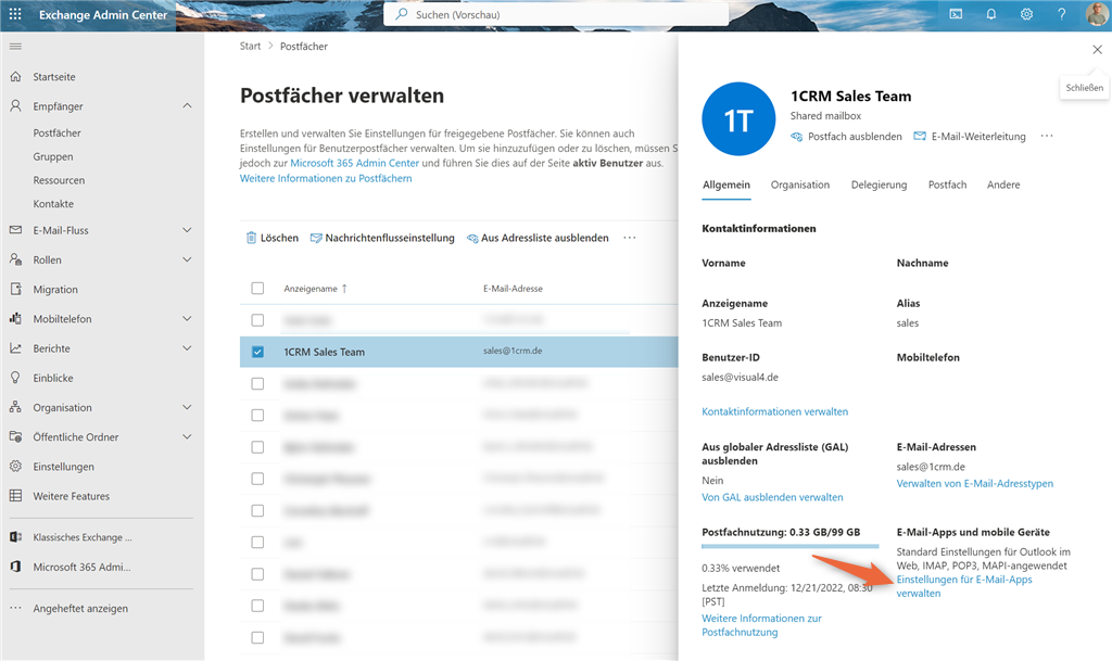 Outlook: IMAP-Zugriff für Benutzer