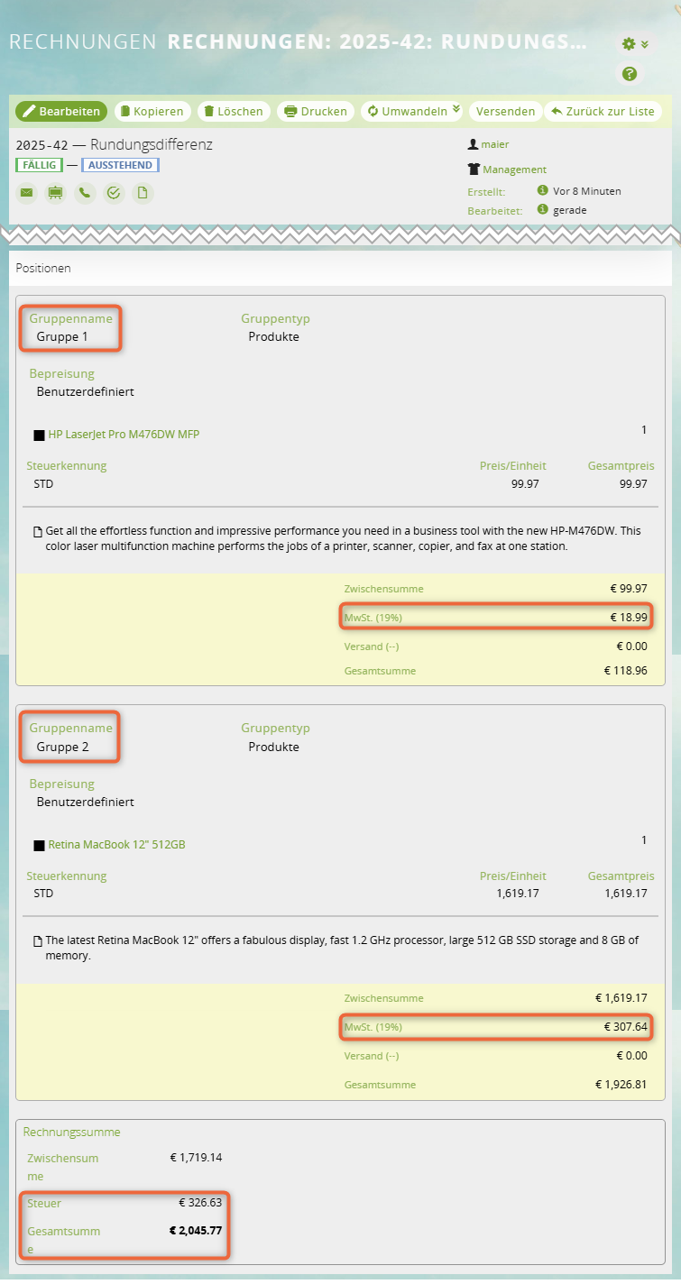 1CRM: Rechnungsaufbau mit Gruppen