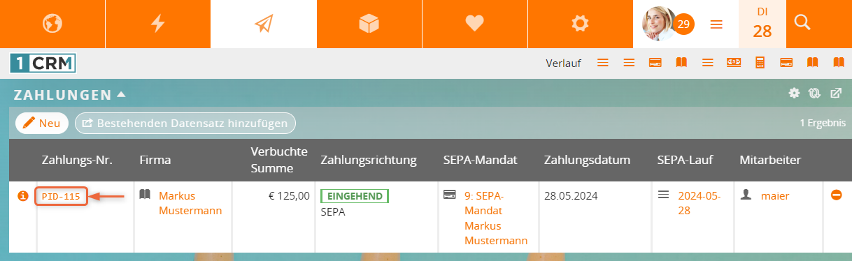 Screenshot SEPA-Zahlung: Zahlung durch PID aus SEPA-Lauf löschen 