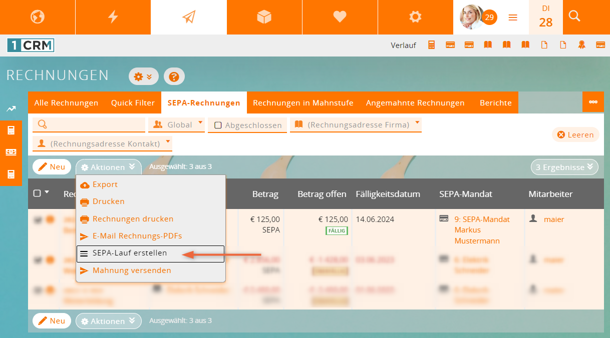 Screenshot SEPA-Zahlung: SEPA-Lauf erstellen in 1CRM