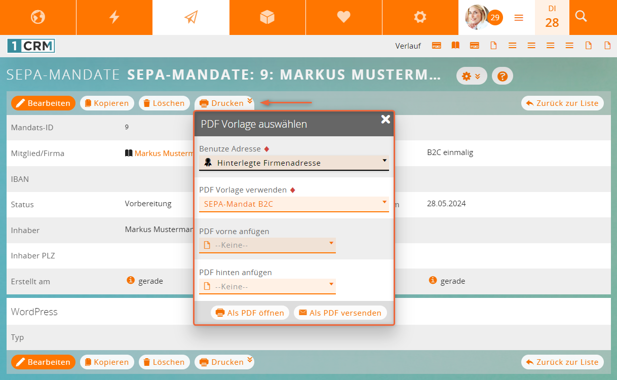 Screenshot SEPA-Zahlung: SEPA-Mandat drucken und versenden