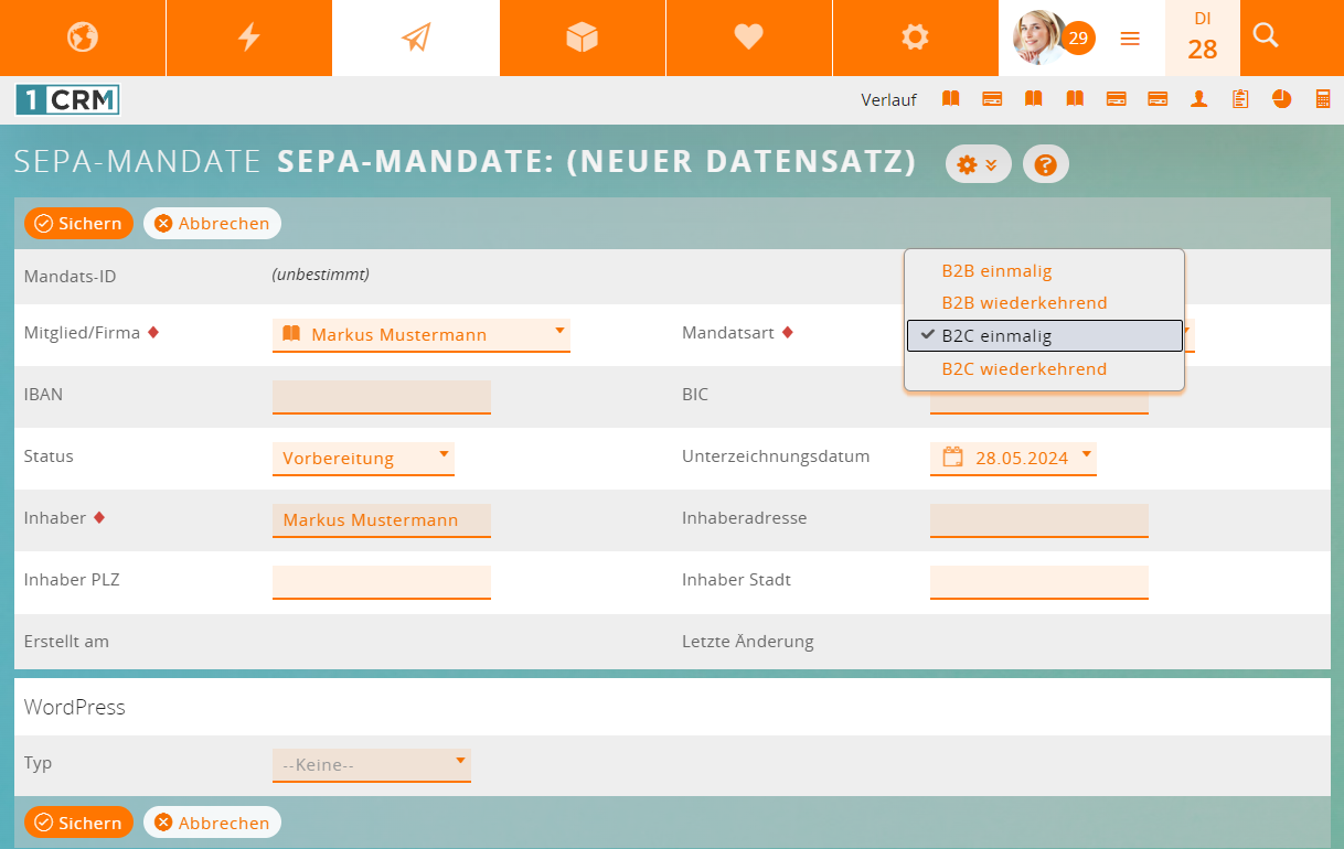 Screenshot: SEPA-Zahlung: SEPA-Mandat erstellen in 1CRM