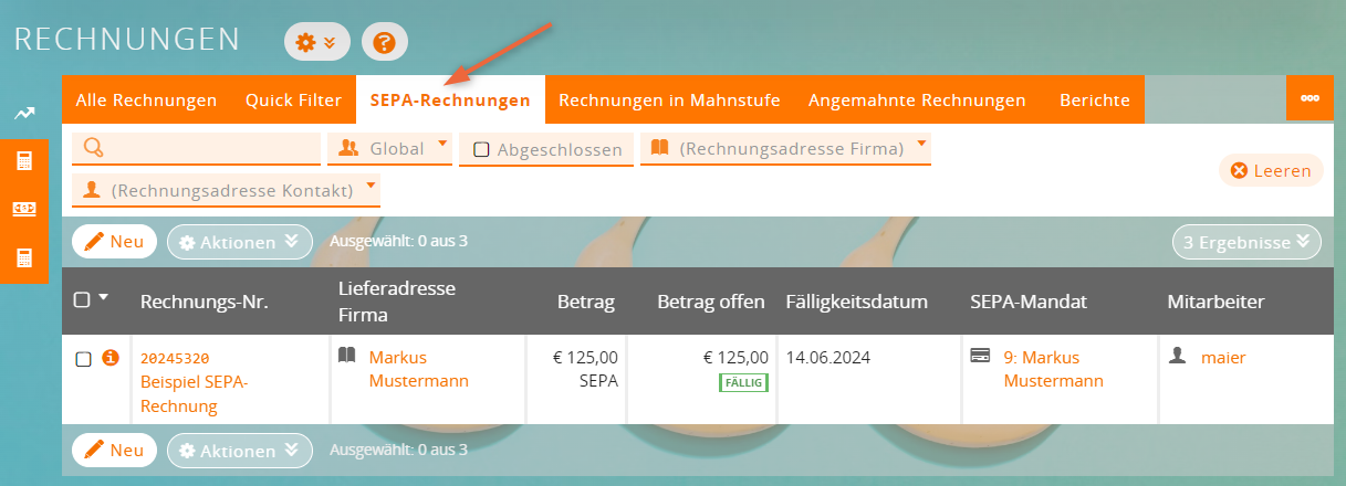 Screenshot SEPA-Zahlung: SEPA-Rechnungen Übersicht